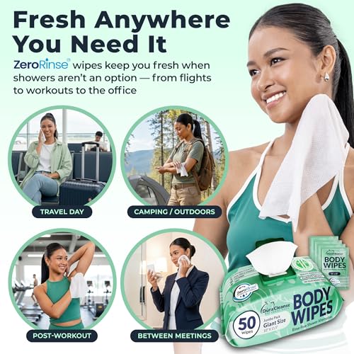 Body Wipes for Women, Extra Moist No Rinse Bathing Sheets 4pk, 200 XL Shower Cloths + 16 Deodorizing Bath Wipes -10 x 11.5" Travel Size Essentials,Toiletries for Womens Hygiene & Post Workout Cleanup - Image 2