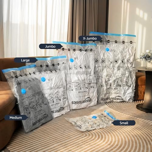 Amazon Basics Vacuum Storage Bags with Hand Pump for Travel, Space Saving Compression Bags for Clothes and Blankets, Clear, 12 Pack (3 Small, 3 Medium, 3 Large & 3 Jumbo) - Image 7