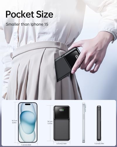 Portable Charger with Built in Cable -20000mAh Fast Charging Power Bank USB C Slim 22.5W LED Display Battery Pack 5 Outputs & 3 Inputs for Travel Essentials iPhone Samsung Phones Black - Image 5