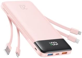 charmast 20000mAh Portable Charger with Built in Cables, 22.5W Travel Power Bank Fast Charging, USB C Cell Phone Battery Pack for iPhone 16/15/14/13/12/11 Series, iPad, Samsung, Android, Tablet