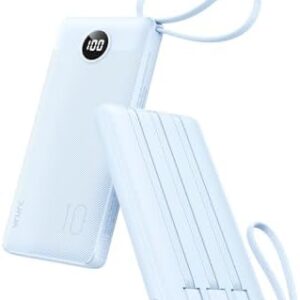 VRURC 10000mAh Power Bank Built-in Cables, Portable Charger with LED Display, Slim Travel Battery Pack with Cords, 5 Output Dual Input Phone Charger for Cell Phone Smart Devcies-Blue(1 Pack)