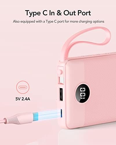 VRURC Portable Charger Power Bank, 10000mAh Travel Essentials Battery Pack, Compact Charging Bank Built-in Cables Cords Compatible with iPhone 17 Pro 17 16 15 14 13, Samsung Phones-Pink(1 Pack) - Image 3