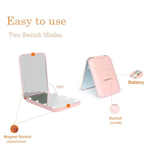 Kintion Pocket Mirror, 1X/3X Magnification LED Compact Travel Makeup Mirror with Light for Purse, 2-Sided, Portable, Folding, Handheld, Small Lighted Mirror for Gift, Pink - Image 5