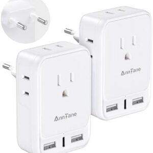 2 Pack European Travel Adapter, US to Europe Plug Adaptor with 4 Outlets 3 USB Charging Ports, Type C Power Adapter for USA to EU Euro Spain France Iceland Italy Germany Greece, White