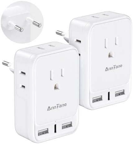 2 Pack European Travel Adapter, US to Europe Plug Adaptor with 4 Outlets 3 USB Charging Ports, Type C Power Adapter for USA to EU Euro Spain France Iceland Italy Germany Greece, White