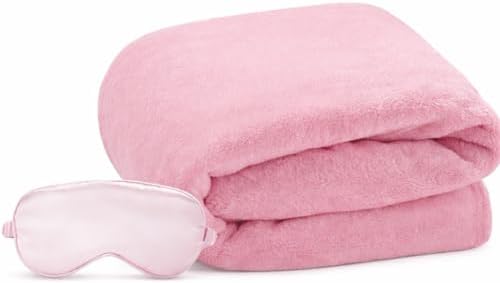 Travel Blanket, Airplane Blanket, Ultra-Soft, Warm & Lightweight, 65x40 in, Outdoor Blanket Essentials for Women, Men & Kids, Included Eye Mask, Luggage Sleeve & Backpack Clip Pink