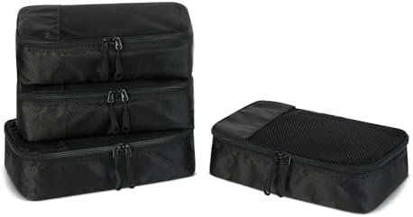 Amazon Essentials 4-Piece Space-Saving Packing Cubes Travel Accessories Set, Luggage Organizer with Double Zipper, Mesh Top, Small, Black (Previously Amazon Basics)