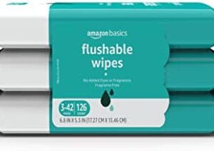 Amazon Basics Adult Wet Wipes Flushable formulated without Fragrance, 126 Count (3 Packs of 42) Packaging May Vary