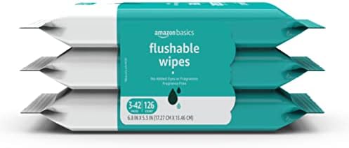 Amazon Basics Adult Wet Wipes Flushable formulated without Fragrance, 126 Count (3 Packs of 42) Packaging May Vary