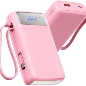 Portable Charger, 27000mAh 22.5W Fast Charging Power Bank with Built-in Cable, USB C Battery Pack with LED Display & Flash Light, Travel Essential External Battery Charger Bank for iPhone Samsung Pink