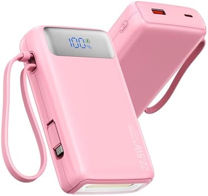 Portable Charger, 27000mAh 22.5W Fast Charging Power Bank with Built-in Cable, USB C Battery Pack with LED Display & Flash Light, Travel Essential External Battery Charger Bank for iPhone Samsung Pink