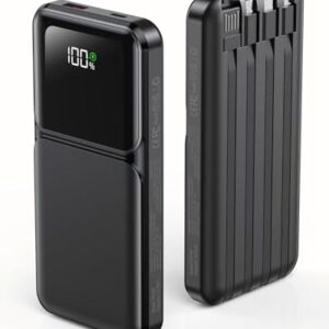Portable Charger with Built in Cable - Power Bank Fast Charging USB C LED Display 10000mah Battery Pack 5 Outputs & 3 Inputs for Travel Essentials iPhone Samsung Android Phones Tablets Black