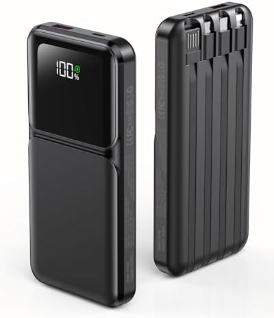 Portable Charger with Built in Cable - Power Bank Fast Charging USB C LED Display 10000mah Battery Pack 5 Outputs & 3 Inputs for Travel Essentials iPhone Samsung Android Phones Tablets Black