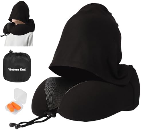 Travel Neck Pillow with 100% Light-Blocking Hood – Ergonomic Memory Foam Support Pillow for Airplane, Long Flights, Road Trips, Office and Car, Full Head and Neck Support with Skin-Friendly Cover
