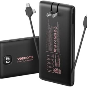 Portable Charger Power Bank Built in Cables and Wall Plug, 10000mAh iPhone Battery Pack Fast Charging, USB C External Slim Power Bank, Travel Essentials Compatible with iPhone 17 16 15 14 iPad, Black