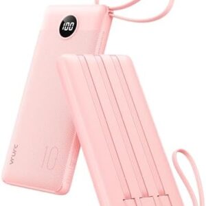 VRURC Portable Charger Power Bank, 10000mAh Travel Essentials Battery Pack, Compact Charging Bank Built-in Cables Cords Compatible with iPhone 17 Pro 17 16 15 14 13, Samsung Phones-Pink(1 Pack)