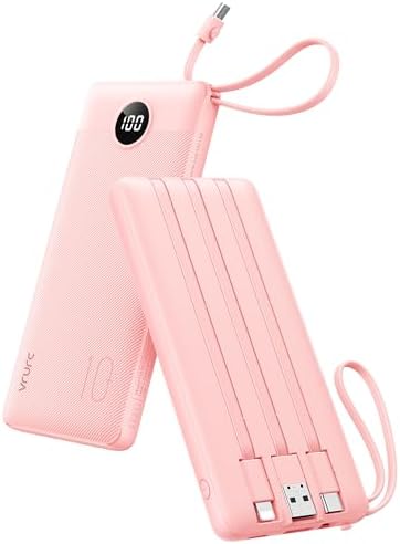VRURC Portable Charger Power Bank, 10000mAh Travel Essentials Battery Pack, Compact Charging Bank Built-in Cables Cords Compatible with iPhone 17 Pro 17 16 15 14 13, Samsung Phones-Pink(1 Pack)