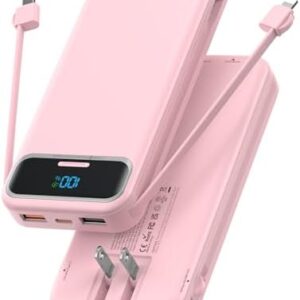 Portable Charger, 12000mAh 22.5W Fast Charging Power Bank with Built-in Cables & Wall Plug, USB C External Battery Pack with LED Display, Travel Essential Charging Bank for iPhone, iPad, Samsung Pink
