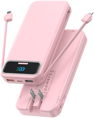 Portable Charger, 12000mAh 22.5W Fast Charging Power Bank with Built-in Cables & Wall Plug, USB C External Battery Pack with LED Display, Travel Essential Charging Bank for iPhone, iPad, Samsung Pink