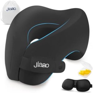jiaao Travel Pillow Memory Foam Neck Pillow for Airplanes with Adjustable Neck Support, Includes Eye Mask, Earplugs & Storage Bag - Perfect for Flights, Road Trips, and Trains