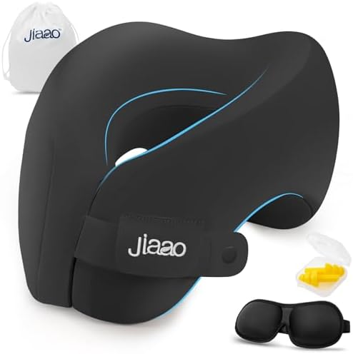 jiaao Travel Pillow Memory Foam Neck Pillow for Airplanes with Adjustable Neck Support, Includes Eye Mask, Earplugs & Storage Bag - Perfect for Flights, Road Trips, and Trains