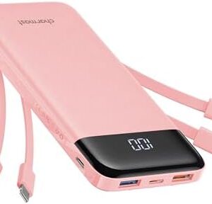 Charmast Portable Charger with Built in Cables, Power Bank with Cords Wires, Slim 10000mAh Travel Battery Pack 6 Outputs 3 Inputs 3A Fast Charging for Samsung Google Pixel LG Moto iPhone iPad