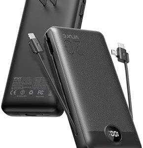 VRURC Portable Charger 20000mAh, Fast Charging Power Bank USB C,4 Output 2 Input Travel Essentials Charging Bank Equipped with LED Display,Built-in Wall Plug and Cables,Phone Charger Battery,Black