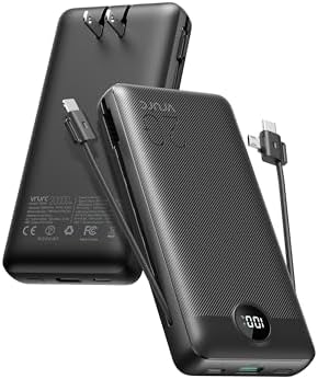 VRURC Portable Charger 20000mAh, Fast Charging Power Bank USB C,4 Output 2 Input Travel Essentials Charging Bank Equipped with LED Display,Built-in Wall Plug and Cables,Phone Charger Battery,Black