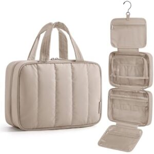 BAGSMART Travel Toiletry Bag for women, Portable Hanging Hook Makeup Bag Organizer, Waterproof Makeup Cosmetic Bag, for Full-Size Accessories, Toiletries, Camel