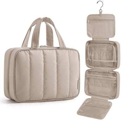 BAGSMART Travel Toiletry Bag for women, Portable Hanging Hook Makeup Bag Organizer, Waterproof Makeup Cosmetic Bag, for Full-Size Accessories, Toiletries, Camel