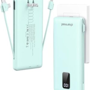 charmast Portable Charger with Built-in Cables and Plug, 10000mAh USB C Power Bank Fast Charging, External Battery Pack Slim, Travel Essentials Compatible with iPhones, Samsung Galaxy, iPad