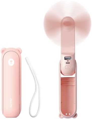 JISULIFE Handheld Mini Fan, 3 IN 1 USB Rechargeable Portable Fan [12-19 Working Hours] with Power Bank, Flashlight, Pocket Design for Travel/Summer/Concerts/Lash, Gifts for Women (Pink)