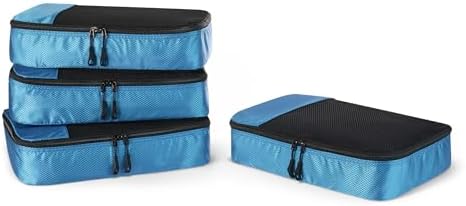 Amazon Essentials 4-Piece Packing Cubes Travel Accessories Set, Luggage Organizer with Double Zipper, Mesh Top, Space-Saving, Medium, Sky Blue (Previously Amazon Basics)