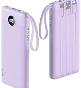 VRURC Portable Charger Power Bank, 10000mAh Travel Essentials Battery Pack, 5 Outputs 2 Inputs Slim Charging Bank Built-in Cables Cords for iPhone 17 16 15 14 13,Samsung,Android-Lavender(1 Pack)