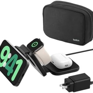 Belkin MagSafe Charger Compatible 3-in-1 Magnetic Charging Travel Pad 15W-BoostCharge Pro Foldable Qi2-Certified Wireless Charger, MagSafe-Compatible Charger for iPhone 16 Series, Apple Watch, AirPods