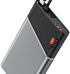 Portable Charger Power Bank, 10000mAh 22.5W PD Fast Charging Powerbank with Built-in USB C Cable, Slim External Phone Battery Pack for iPhone 17/16/15 Samsung S24 Android etc (Grey)