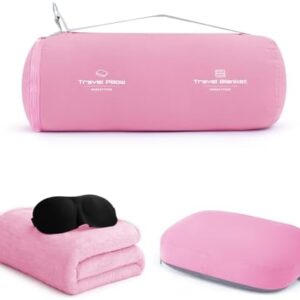 4-in-1 Travel Pillow & Blanket Set with Eye Mask, Memory Foam Neck Support, 50x65 Inch Blanket, Storage Bag for Airplane, Car, Train, Home Travel Pink