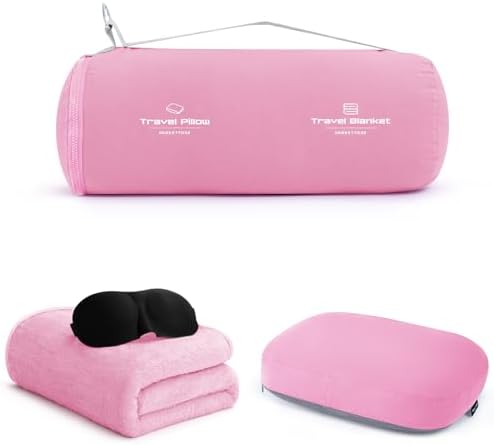 4-in-1 Travel Pillow & Blanket Set with Eye Mask, Memory Foam Neck Support, 50x65 Inch Blanket, Storage Bag for Airplane, Car, Train, Home Travel Pink