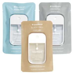 Touchland Hydrating Hand Sanitizer Spray, DYE FREE Trio Set (Rainwater, Unscented, Beach Coco), 1 FL. OZ. Travel Size Power Mist Sprays (Set of 3)