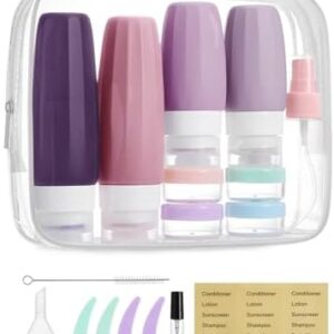 BAGSMART 18 Pack TSA Approved Travel Bottles for Toiletries, Leak Proof Silicone Travel Size Containers Bottles for Shampoo, Purple