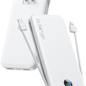 Portable Phone Charger, 12000mAh 22.5W Fast Charging Power Bank with Built-in Cables & Wall Plug, External Battery Bank with LED Display, Travel Essential Battery Pack for iPhone, iPad, Samsung White