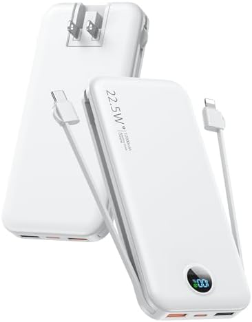 Portable Phone Charger, 12000mAh 22.5W Fast Charging Power Bank with Built-in Cables & Wall Plug, External Battery Bank with LED Display, Travel Essential Battery Pack for iPhone, iPad, Samsung White