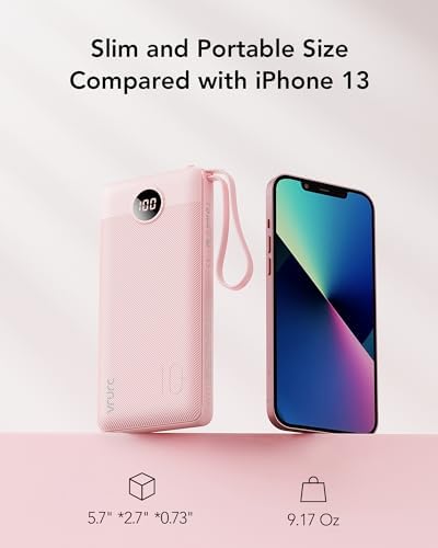 VRURC Portable Charger Power Bank, 10000mAh Travel Essentials Battery Pack, Compact Charging Bank Built-in Cables Cords Compatible with iPhone 17 Pro 17 16 15 14 13, Samsung Phones-Pink(1 Pack) - Image 5
