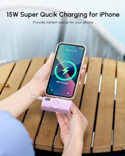 Mini Purple Power Bank with USB C Cable for Samsung,100g 5000mah Small Portable Charger for iPhone 14 Plus/14/14 Pro Max,Battery Pack with Digital Display Compatible With iPhone 13/12/14 series-Purple - Image 4