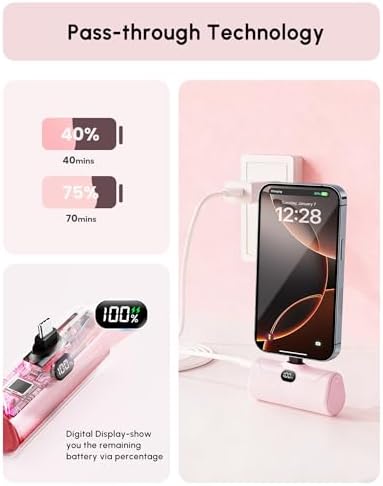 Lightweight Pink USB C Power Bank Portable Charger 5000mah with Kickstand for iPhone 17,Type-c Battery Pack Charger with Digital Display for iPhone 16/Samsung/Android phones, Pinky Gift for Her Phones - Image 7