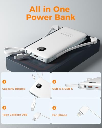 Portable Charger with Built in Cables,TESSAN 10000mAh Power Bank Fast Charging with Foldable Wall Plug Charger, PD20W Compact Battery Pack Travel Essentials for iPhone 17/16/15 Series,Samsung,Tablets - Image 6