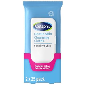 Cetaphil Face and Body Wipes, Gentle Skin Cleansing Cloths, 50 Count, Twin Pack, for Dry, Sensitive Skin, Flip Top Closure, Great for the Gym, Travel, in the Car, Hypoallergenic, Fragrance Free
