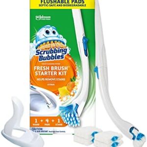 Scrubbing Bubbles Toilet Bowl Cleaning System with Flushable & Disposable Cleaner Refill Pads, Fights Odors and Helps Remove Limescale & Hard Water Stains, Citrus Scent, 1 Wand + 4 Refills + 1 Stand