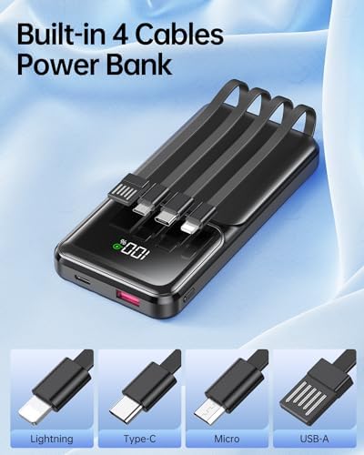 Portable Charger with Built in Cable - Power Bank Fast Charging USB C LED Display 10000mah Battery Pack 5 Outputs & 3 Inputs for Travel Essentials iPhone Samsung Android Phones Tablets Black - Image 2