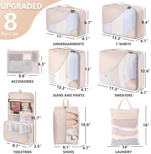 10 Set/8 Set Packing Cubes for Travel, Gifts for Women Mom,Anti-Tearing Suitcase Organizer for Luggage with Shoe & Hanging Toiletry Bag,OlarHike Vacation Essentials & Accessories for Cruise Ship,Cream - Image 2